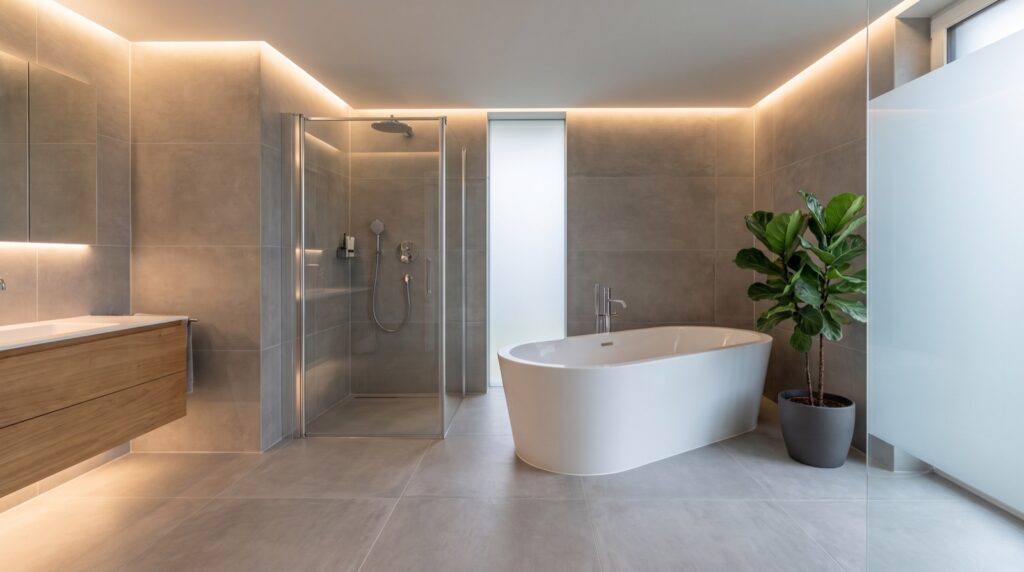 Modernes Badezimmer mit freistehender Badewanne, bodengleicher Glasdusche und indirektem Licht