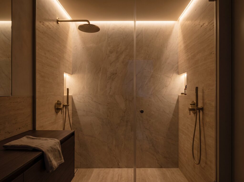 Walk-in-Dusche mit Travertinwänden, Regendusche und warm beleuchteten Wandnischen