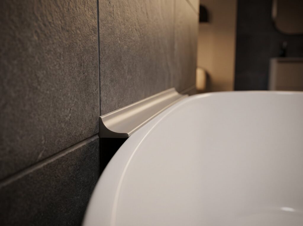 Nahaufnahme einer sauber gezogenen Silikonfuge zwischen Badewanne und Fliesenwand