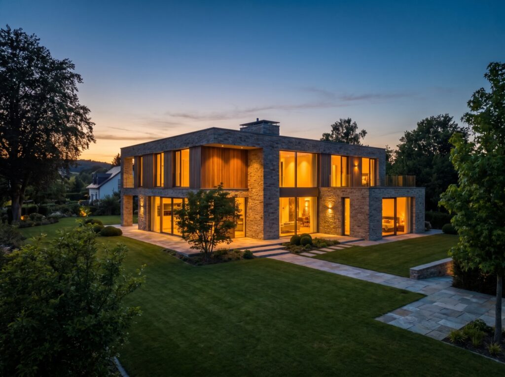 Modernes Einfamilienhaus mit Natursteinfassade und Garten in der Abenddämmerung